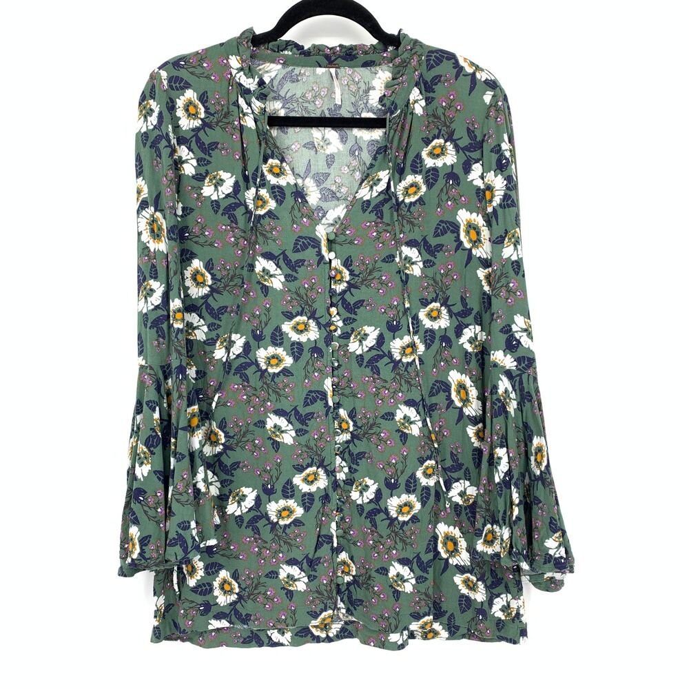 Free People Magic Mystery Tunic Top Womens Sz XS Green Floral Print Bell Sleeve